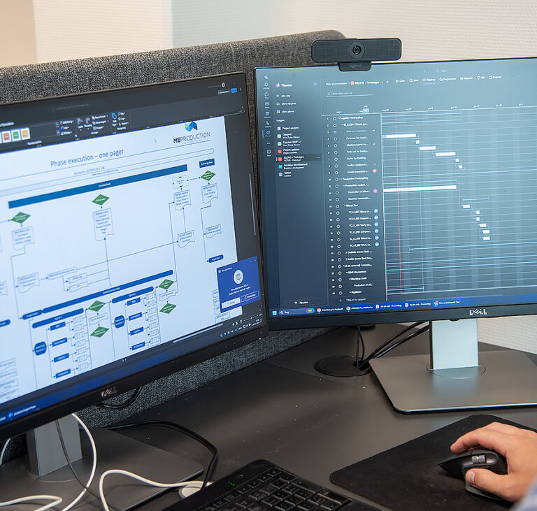 ME Production project planning and phase flow on dual monitors