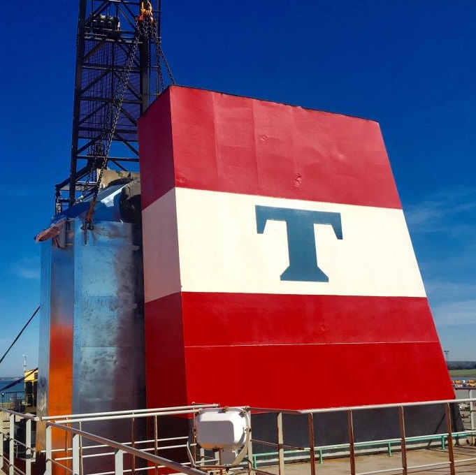 Red and white ship funnel with large blue T logo, repainted by ME Production